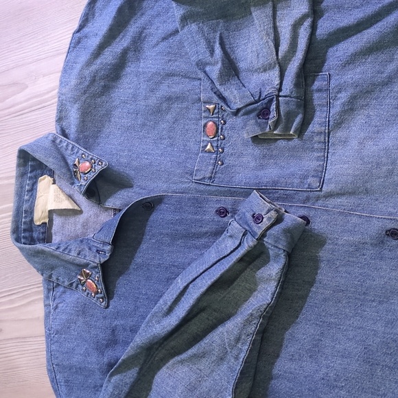 Randy With Love S Pink Embellished Denim Shirt Vintage Made In USA Western Wear - Picture 14 of 16